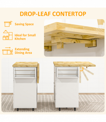 Drop-Leaf Kitchen Island on Wheels Utility Storage Cart with Drawers & Cabinet