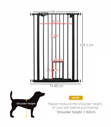 Extra Tall Dog Gate with Cat Door Auto Close for Stairs 74-80 cm Wide Pawhut