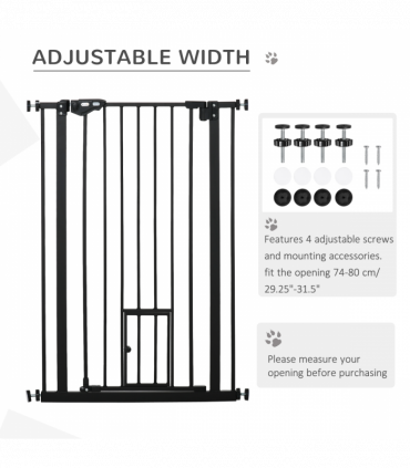 Extra Tall Dog Gate with Cat Door Auto Close for Stairs 74-80 cm Wide Pawhut