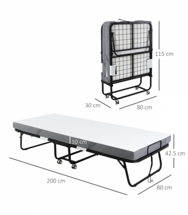 Folding Bed with 10cm Mattress, Portable Foldable Guest Bed Metal Frame