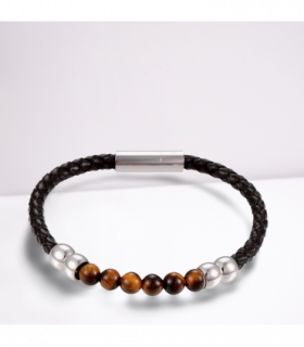 Men's Tigers Eye Leather Bracelet Brown 21cm 8.5 inches Bead size 6.5mm
