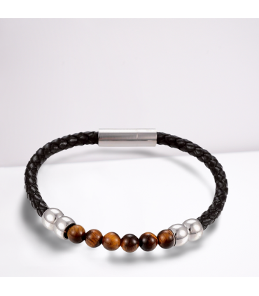 Men's Tigers Eye Leather Bracelet Brown 21cm 8.5 inches Bead size 6.5mm
