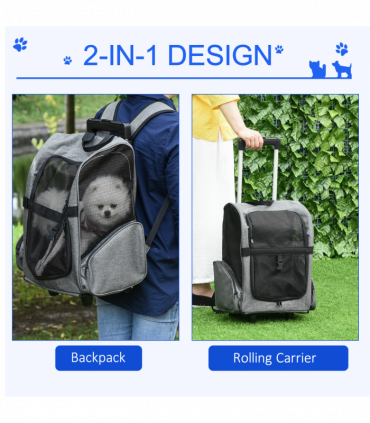 Pet Travel Backpack Bag Cat Dog Carrier w/ Trolley and Telescopic Wheel Grey