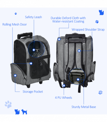 Pet Travel Backpack Bag Cat Dog Carrier w/ Trolley and Telescopic Wheel Grey