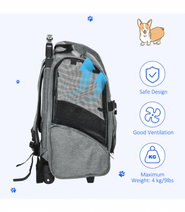 Pet Travel Backpack Bag Cat Dog Carrier w/ Trolley and Telescopic Wheel Grey