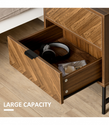 Side Cabinetwith 2 Storage Drawer Unit Herringbone Pattern, Walnut Brown