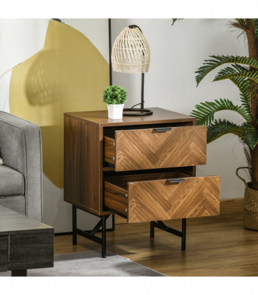 Side Cabinetwith 2 Storage Drawer Unit Herringbone Pattern, Walnut Brown
