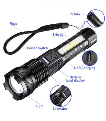 USB Rechargeable LED Flashlight Adjustable Focus Camping Hiking Outdoor Flashlight Work light