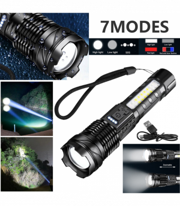 USB Rechargeable LED Flashlight Adjustable Focus Camping Hiking Outdoor Flashlight Work light