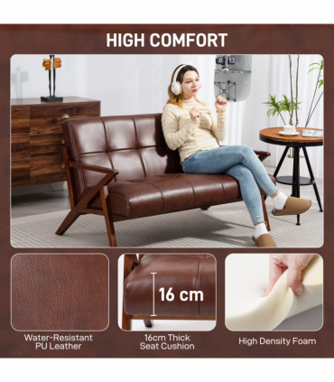 HOMCOM Compact Small Sofa with Solid Wood Frame, Vintage 2 Seater Sofa Brown