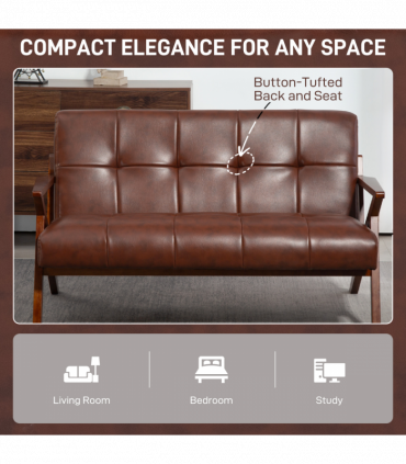 HOMCOM Compact Small Sofa with Solid Wood Frame, Vintage 2 Seater Sofa Brown