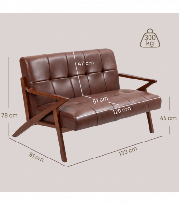 HOMCOM Compact Small Sofa with Solid Wood Frame, Vintage 2 Seater Sofa Brown