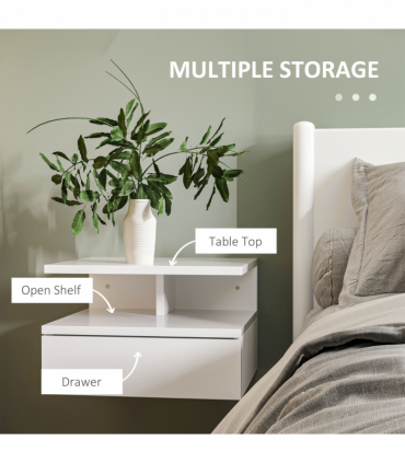 HOMCOM Nightstand Set of 2, Wall Mounted Bedside Cabinet, High Gloss White