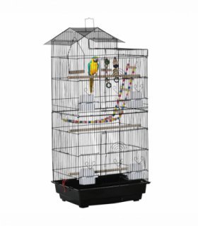 Metal Bird Cage for Budgies, Finches w/ Accessories, Toys, Tray, Handle - Black