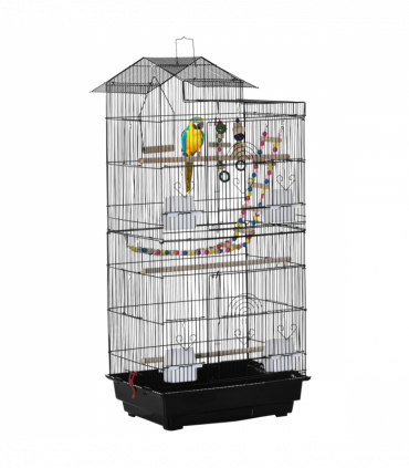 Metal Bird Cage for Budgies, Finches w/ Accessories, Toys, Tray, Handle - Black