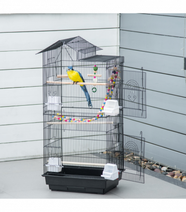 Metal Bird Cage for Budgies, Finches w/ Accessories, Toys, Tray, Handle - Black