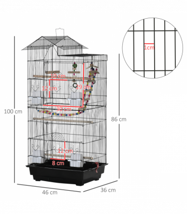 Metal Bird Cage for Budgies, Finches w/ Accessories, Toys, Tray, Handle - Black