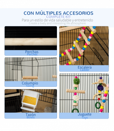 Metal Bird Cage for Budgies, Finches w/ Accessories, Toys, Tray, Handle - Black