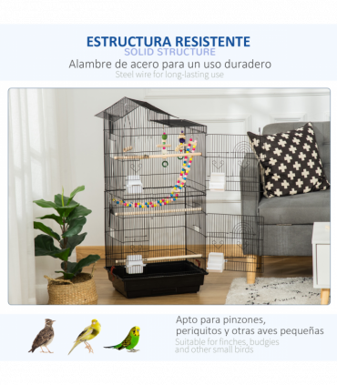 Metal Bird Cage for Budgies, Finches w/ Accessories, Toys, Tray, Handle - Black