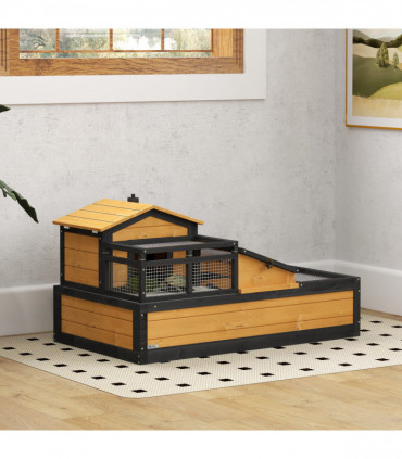 PawHut Wooden Tortoise House Indoor Outdoor w/ Balcony, Tray, Openable Roof