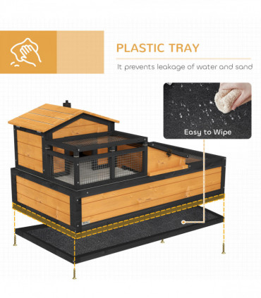 PawHut Wooden Tortoise House Indoor Outdoor w/ Balcony, Tray, Openable Roof