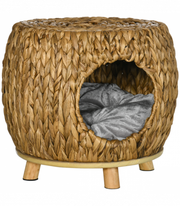 Rattan Cat House Stool, Wicker Kitten Bed for Outdoors and Indoors w/ Cushion