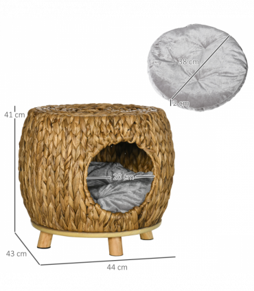 Rattan Cat House Stool, Wicker Kitten Bed for Outdoors and Indoors w/ Cushion