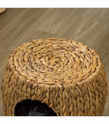 Rattan Cat House Stool, Wicker Kitten Bed for Outdoors and Indoors w/ Cushion