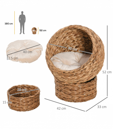 Wicker Cat House, Raised Cat Bed with Cylindrical Base, 42 x 33 x 52cm