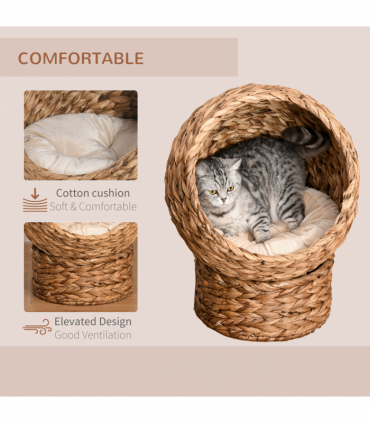 Wicker Cat House, Raised Cat Bed with Cylindrical Base, 42 x 33 x 52cm