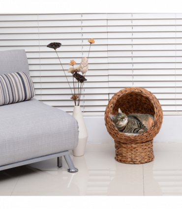 Wicker Cat House, Raised Cat Bed with Cylindrical Base, 42 x 33 x 52cm