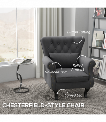 HOMCOM Vintage Armchair Wingback Accent Chair with Naihead Trim Dark Grey