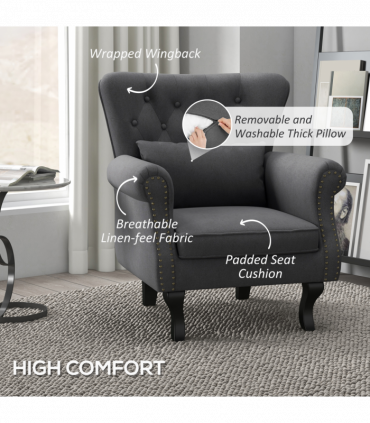 HOMCOM Vintage Armchair Wingback Accent Chair with Naihead Trim Dark Grey