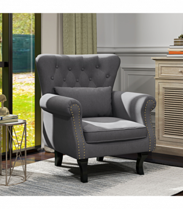 HOMCOM Vintage Armchair Wingback Accent Chair with Naihead Trim Dark Grey