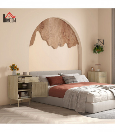 HOMCOM Bedside Table with Rattan Drawer, Cabinet and Adjustable Shelf, Natural