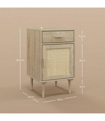 HOMCOM Bedside Table with Rattan Drawer, Cabinet and Adjustable Shelf, Natural