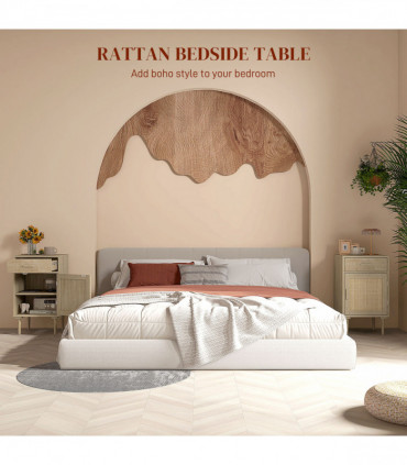 HOMCOM Bedside Table with Rattan Drawer, Cabinet and Adjustable Shelf, Natural