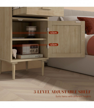HOMCOM Bedside Table with Rattan Drawer, Cabinet and Adjustable Shelf, Natural