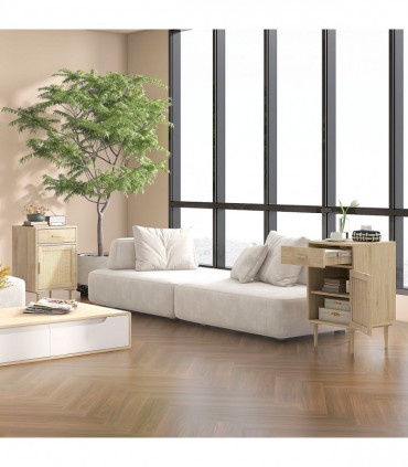 HOMCOM Bedside Table with Rattan Drawer, Cabinet and Adjustable Shelf, Natural