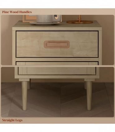 HOMCOM Bedside Table with Rattan Drawer, Cabinet and Adjustable Shelf, Natural