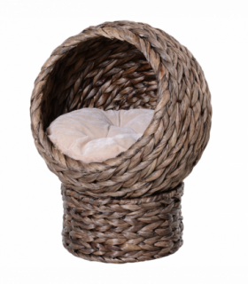 Wicker Cat House, Raised Cat Bed with Cylindrical Base, 42 x 33 x 52cm - Brown
