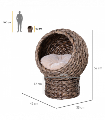 Wicker Cat House, Raised Cat Bed with Cylindrical Base, 42 x 33 x 52cm - Brown