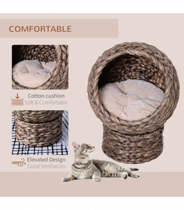 Wicker Cat House, Raised Cat Bed with Cylindrical Base, 42 x 33 x 52cm - Brown