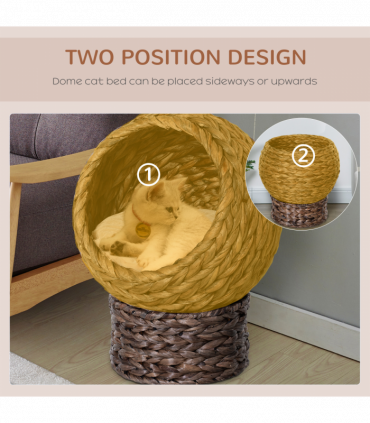 Wicker Cat House, Raised Cat Bed with Cylindrical Base, 42 x 33 x 52cm - Brown