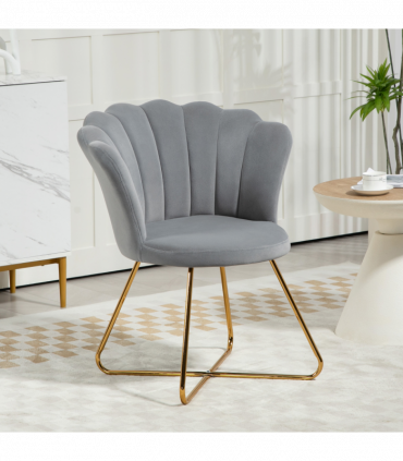 HOMCOM Accent Chair, Velvet Armchair with Lotus Backrest, Steel Legs, Grey