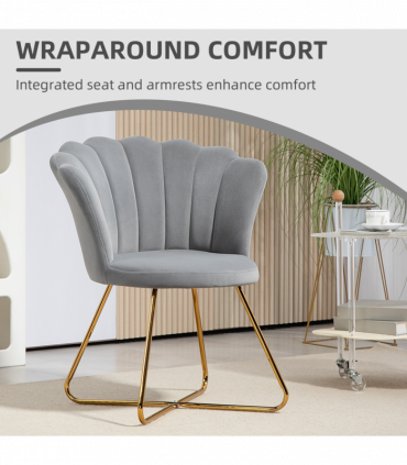 HOMCOM Accent Chair, Velvet Armchair with Lotus Backrest, Steel Legs, Grey