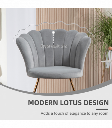 HOMCOM Accent Chair, Velvet Armchair with Lotus Backrest, Steel Legs, Grey