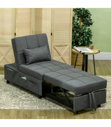 HOMCOM Folding Sofa Bed Adjustable Single Sleeper w/ Pillow Side Pocket, Grey
