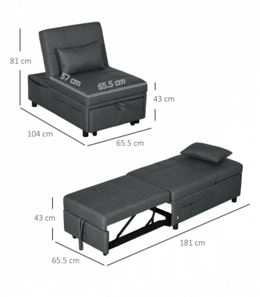 HOMCOM Folding Sofa Bed Adjustable Single Sleeper w/ Pillow Side Pocket, Grey