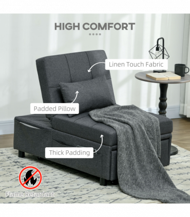 HOMCOM Folding Sofa Bed Adjustable Single Sleeper w/ Pillow Side Pocket, Grey